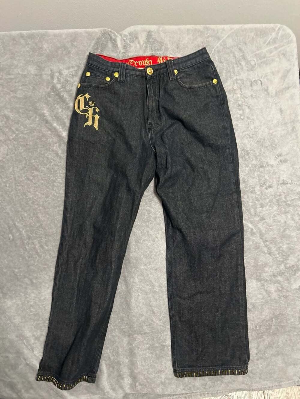 Crown Holder Vintage Y2K Embroidered Dark Denim Baggy Jeans Size 34